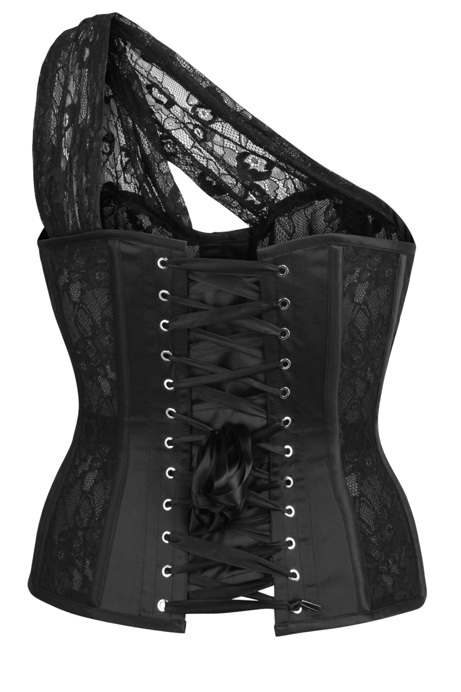 Emmeline Black Satin And Lace Overbust Corset With One Shoulder Detail 2 Emmeline Black Satin And Lace Overbust Corset With One Shoulder Detail - Image 2