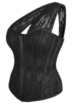 Emmeline Black Satin And Lace Overbust Corset With One Shoulder Detail 5 Emmeline Black Satin And Lace Overbust Corset With One Shoulder Detail -Corset Story LO 0113