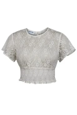 Helena Whisper White Lace Cropped Top With Crew Neckline