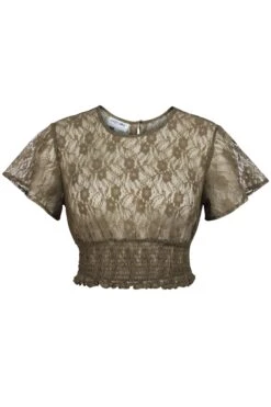 Helena Capulate Olive Lace Cropped Top With Crew Neckline