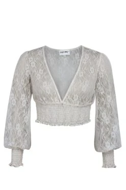 Pearl Whisper White Lace Cropped Top With Long Sleeves