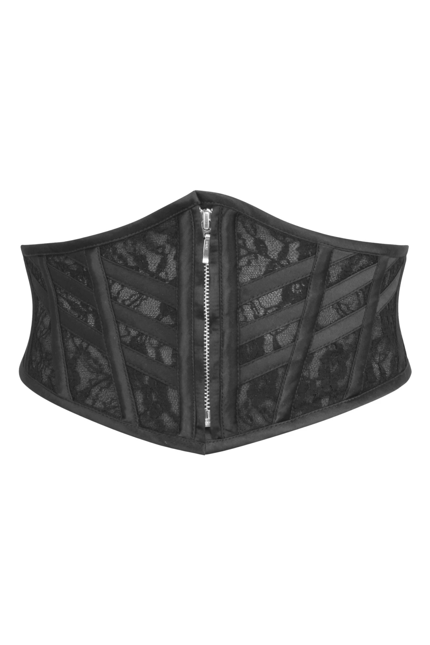 JOSIE BLACK SATIN AND LACE WASPIE BELT WITH FAN LACING 1 JOSIE BLACK SATIN AND LACE WASPIE BELT WITH FAN LACING