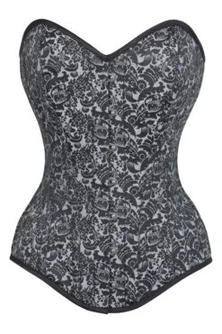 Long Silver Brocade Pattern Corset With Hip Gores