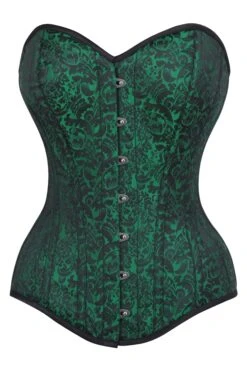 Long Green Brocade Pattern Corset With Hip Gores