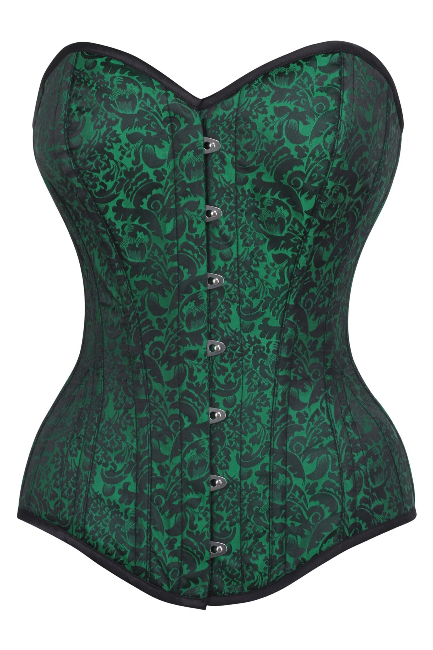 Long Green Brocade Pattern Corset With Hip Gores 1 Long Green Brocade Pattern Corset With Hip Gores