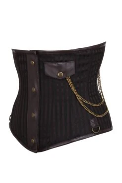 Brown Striped Steampunk Underbust With Steel Busk Covered Detail And Pocket Chain -Corset Story MY 2133
