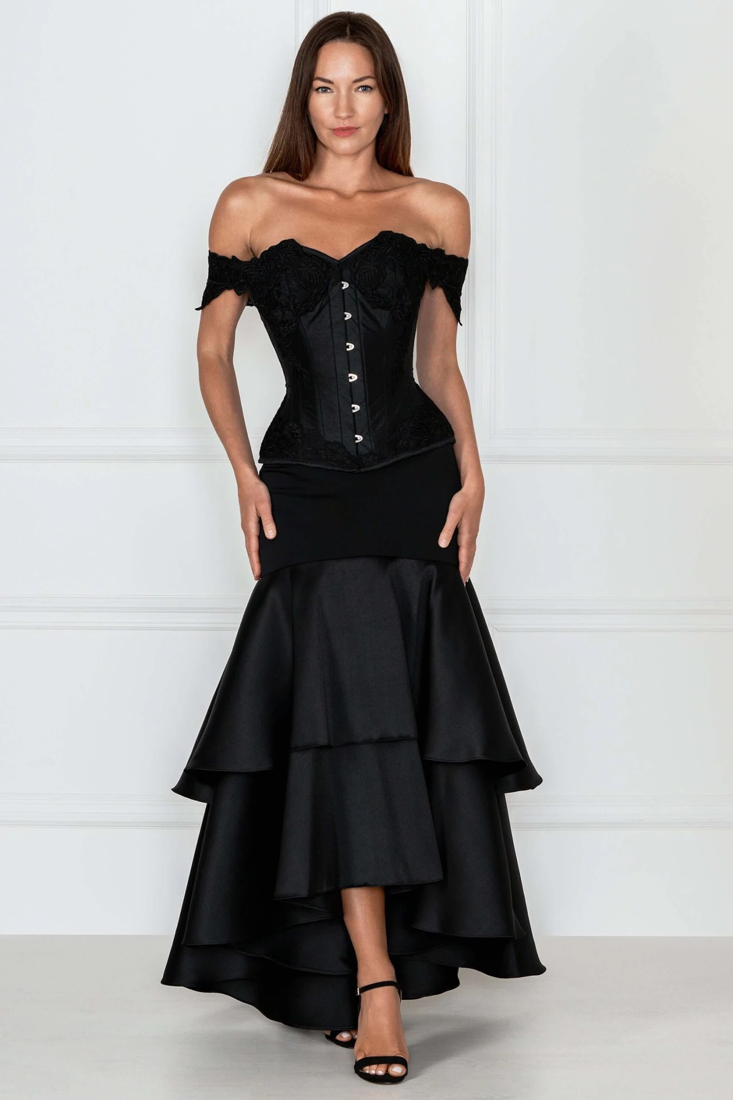 Black Longline Corset Top With Lace Cap Sleeve 2 Black Longline Corset Top With Lace Cap Sleeve - Image 2