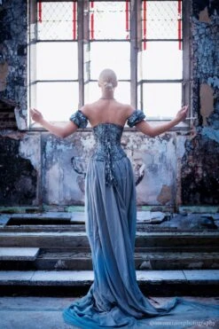 Blue Print Overbust Corset With Detachable Sleeves 21 Blue Print Overbust Corset With Detachable Sleeves -Corset Story NS 108 back