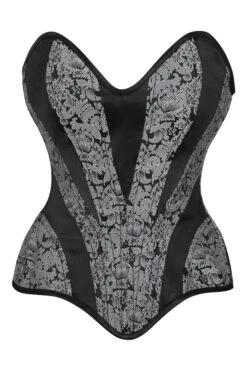 Silver And Black Brocade Overbust Corset With Side Zip