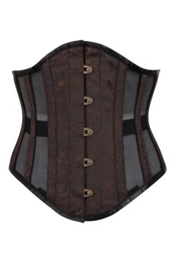 Brown Brocade Underbust Corset With Mesh Panels