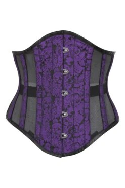 Purple Brocade Underbust Corset With Mesh Panels