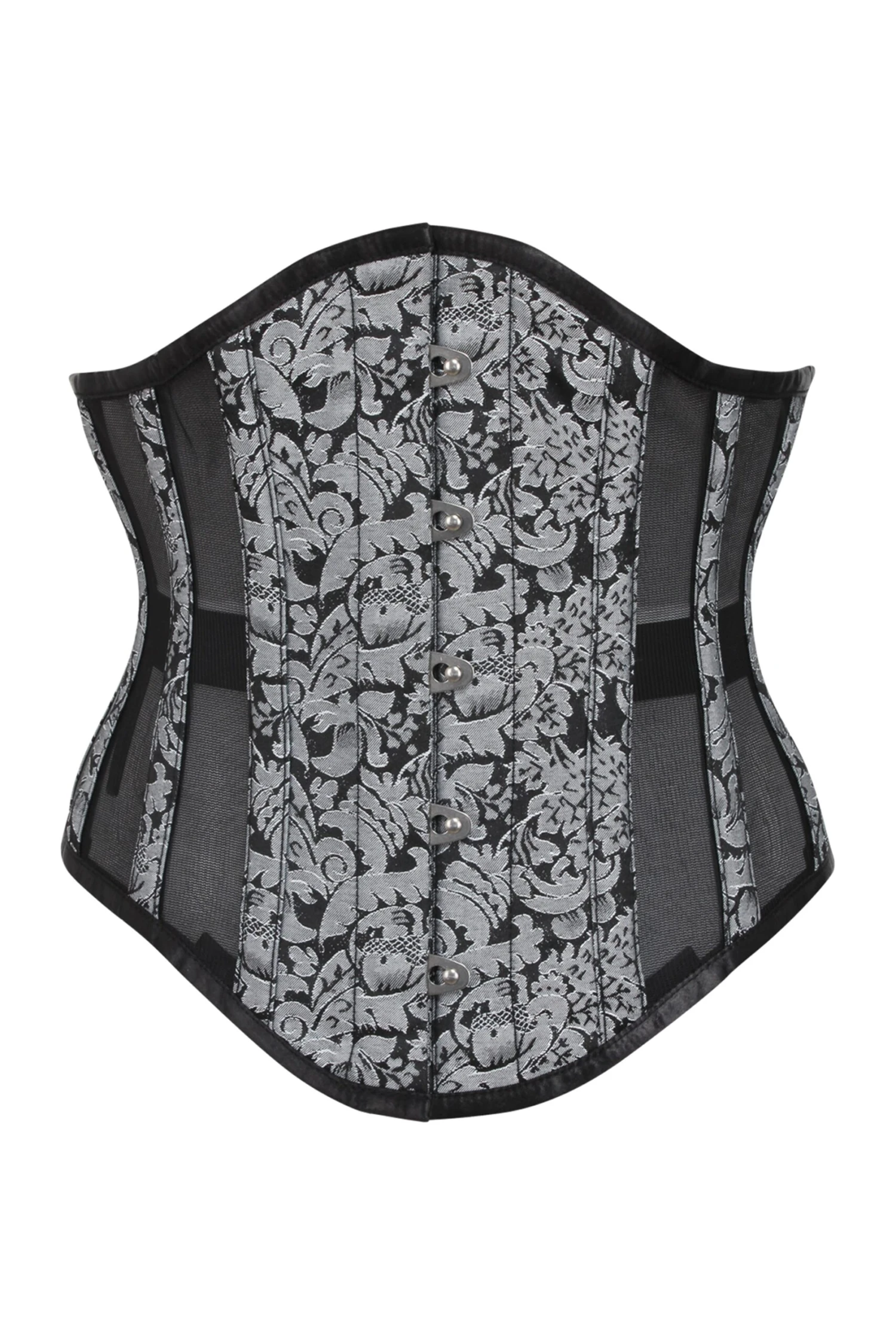 Silver Brocade Underbust Corset With Mesh Panels 1 Silver Brocade Underbust Corset With Mesh Panels