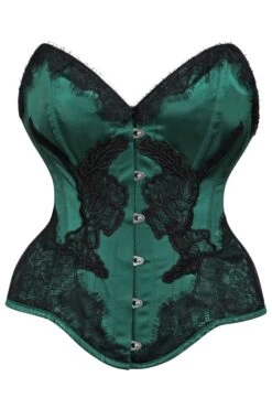 Green Satin Overbust Corset With Black Detailing