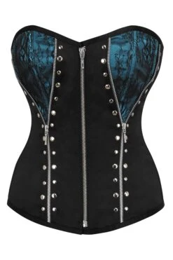 Turquoise And Black Overbust Corset With Zips
