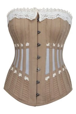Historically Inspired Beige Longline Corset With Lace And Ribbing