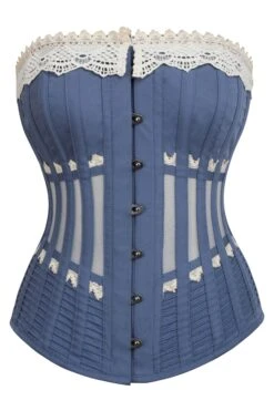 Historically Inspired Blue Longline Corset With Lace And Ribbing