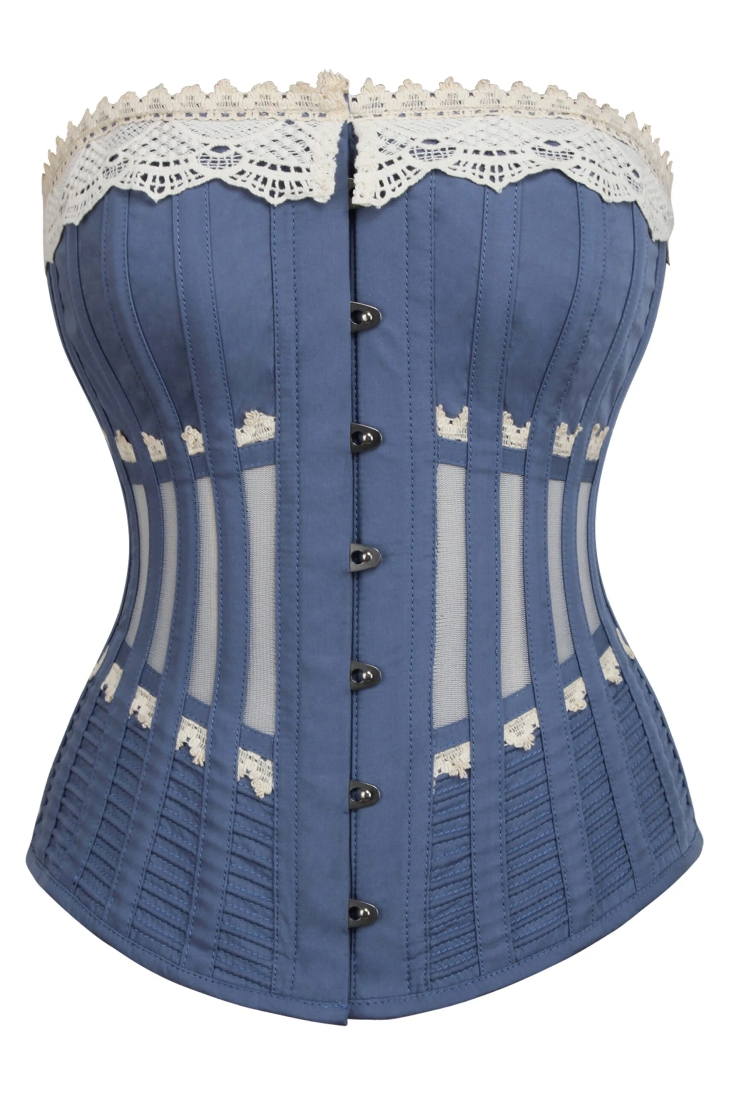 Historically Inspired Blue Longline Corset With Lace And Ribbing 1 Historically Inspired Blue Longline Corset With Lace And Ribbing