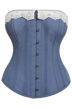Historically Inspired Blue Longline Corset With Lace Trim