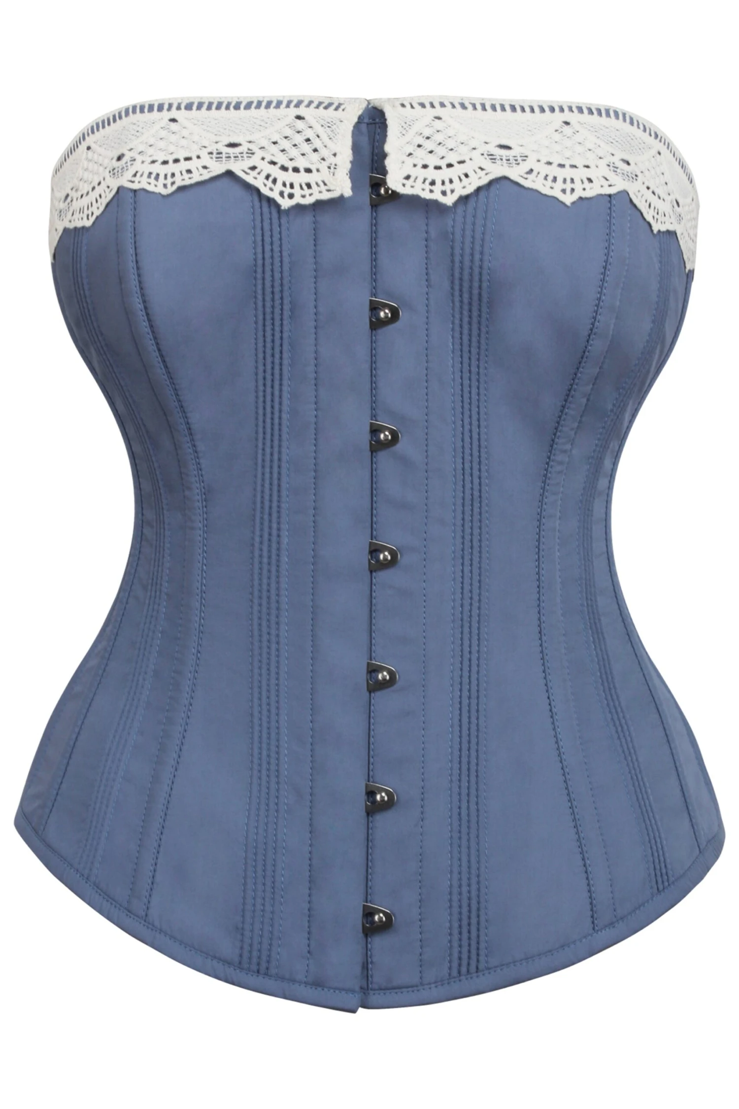 Historically Inspired Blue Longline Corset With Lace Trim 1 Historically Inspired Blue Longline Corset With Lace Trim