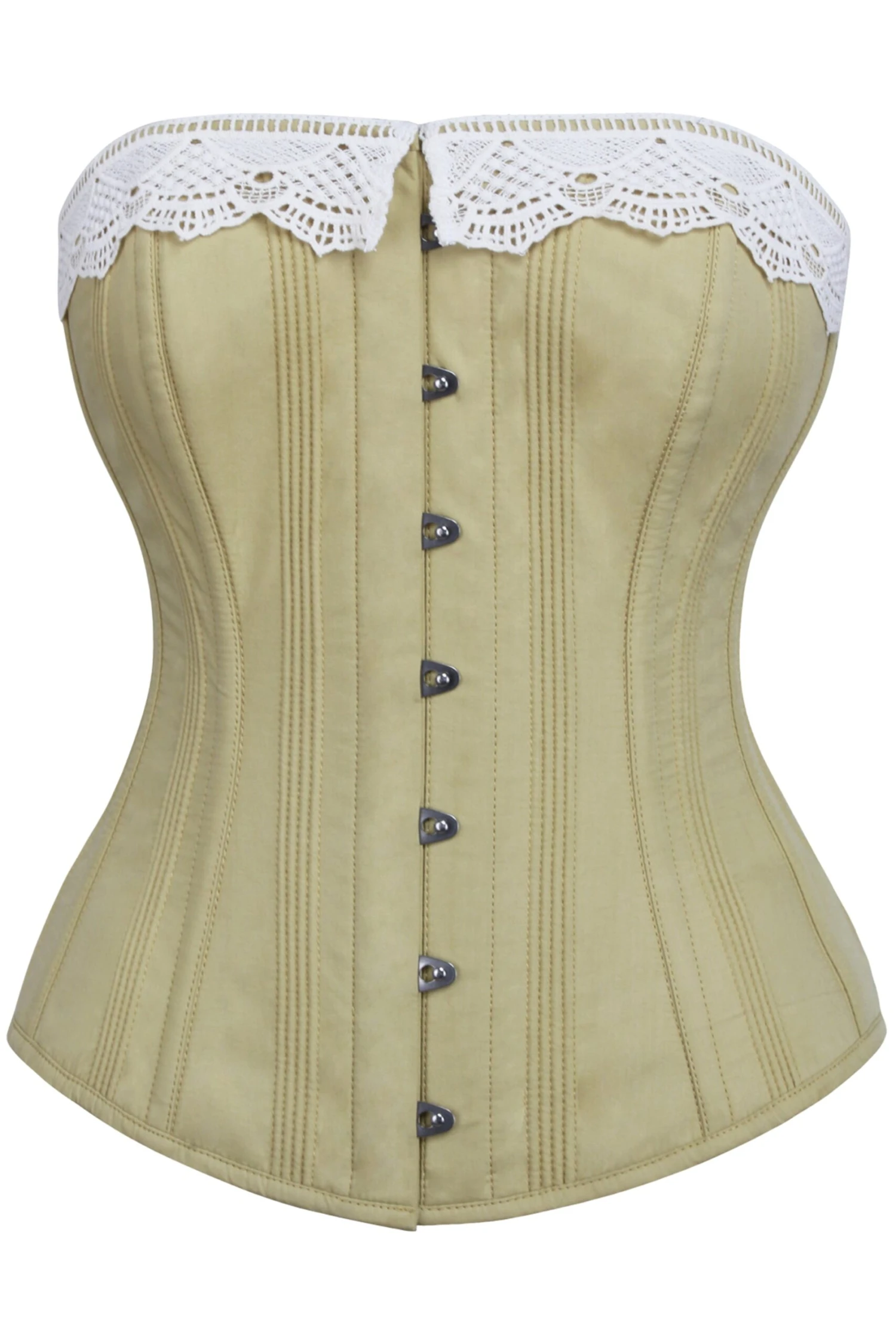 Historically Inspired Taupe Green Longline Corset With Lace Trim 1 Historically Inspired Taupe Green Longline Corset With Lace Trim
