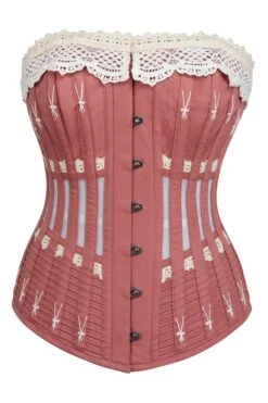 Historically Inspired Terracotta Longline Corset With Lace And Ribbing