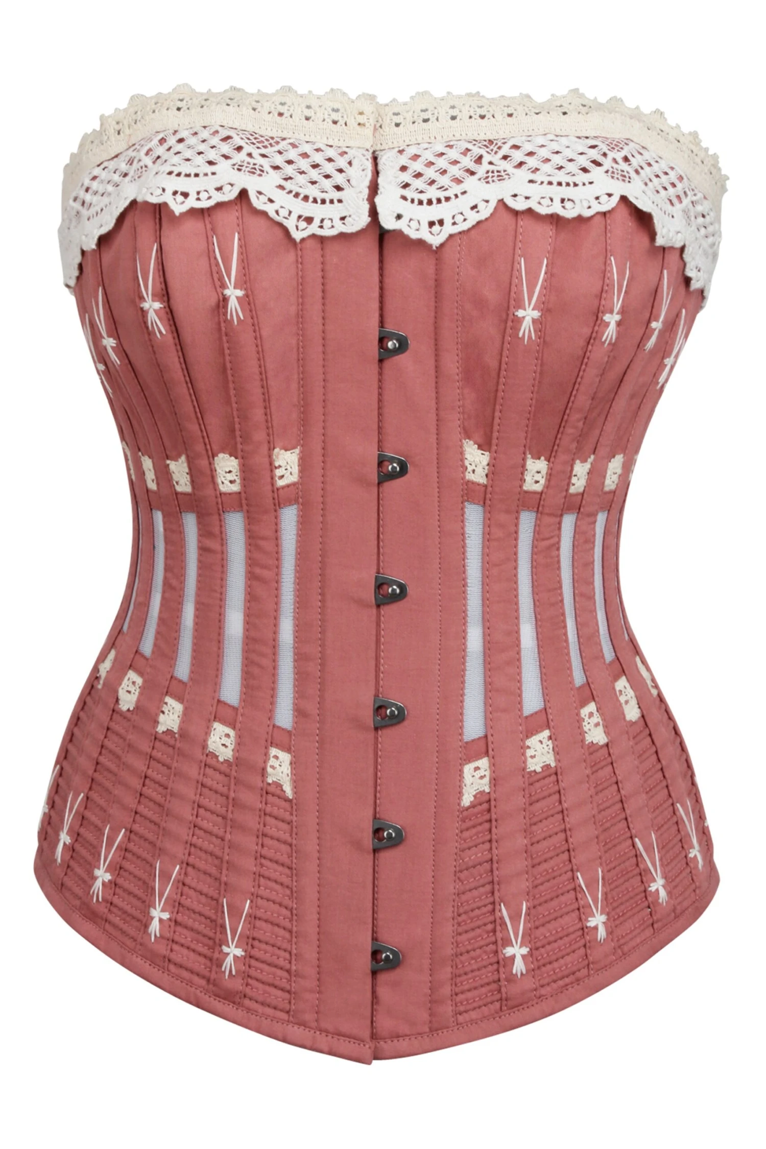 Historically Inspired Terracotta Longline Corset With Lace And Ribbing 1 Historically Inspired Terracotta Longline Corset With Lace And Ribbing