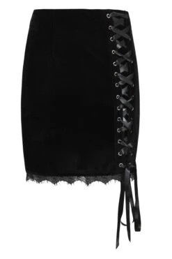 Corset Inspired Black Velvet Skirt With Ribbon Lacing