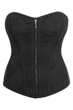 Dahlia Black Broderie Anglaise Cotton Overbust Corset With Zip Front