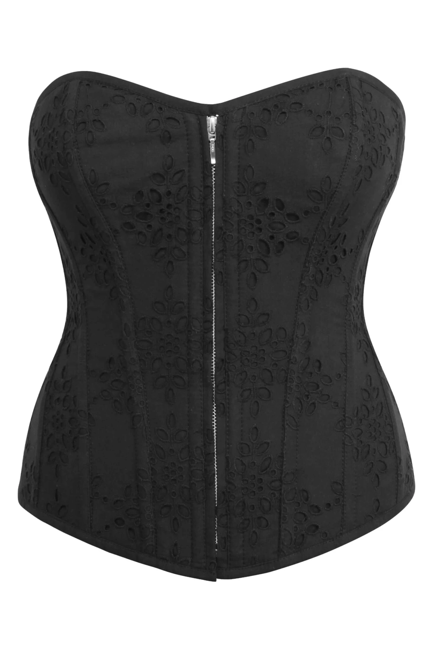 Dahlia Black Broderie Anglaise Cotton Overbust Corset With Zip Front 1 Dahlia Black Broderie Anglaise Cotton Overbust Corset With Zip Front