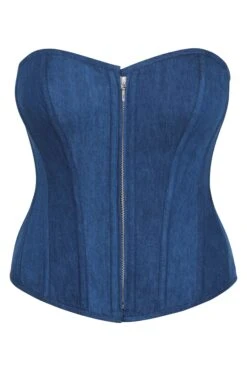 Dahlia Blue Chambray Overbust Corset With Zip Front