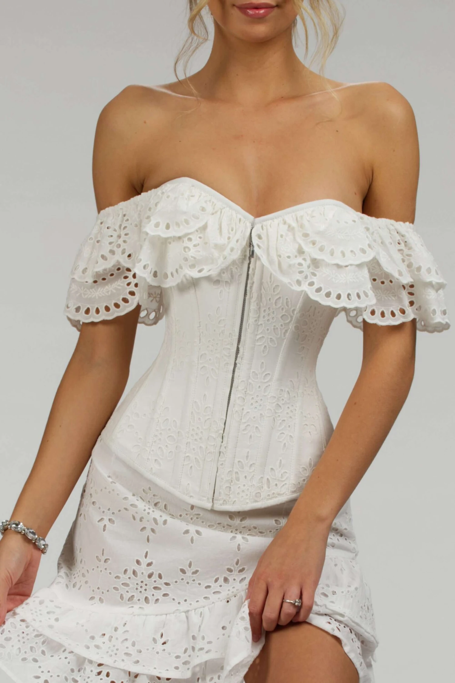 Alyssum White Broderie Anglaise Cotton Corset Top With Double Frill Sleeves 5 Alyssum White Broderie Anglaise Cotton Corset Top With Double Frill Sleeves - Image 5