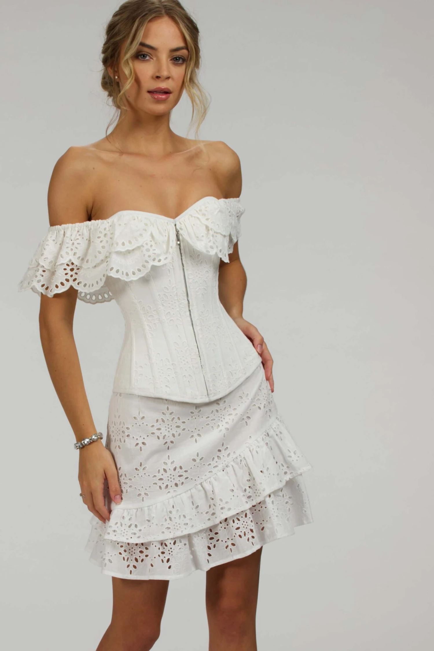 Alyssum White Broderie Anglaise Cotton Corset Top With Double Frill Sleeves 2 Alyssum White Broderie Anglaise Cotton Corset Top With Double Frill Sleeves - Image 2
