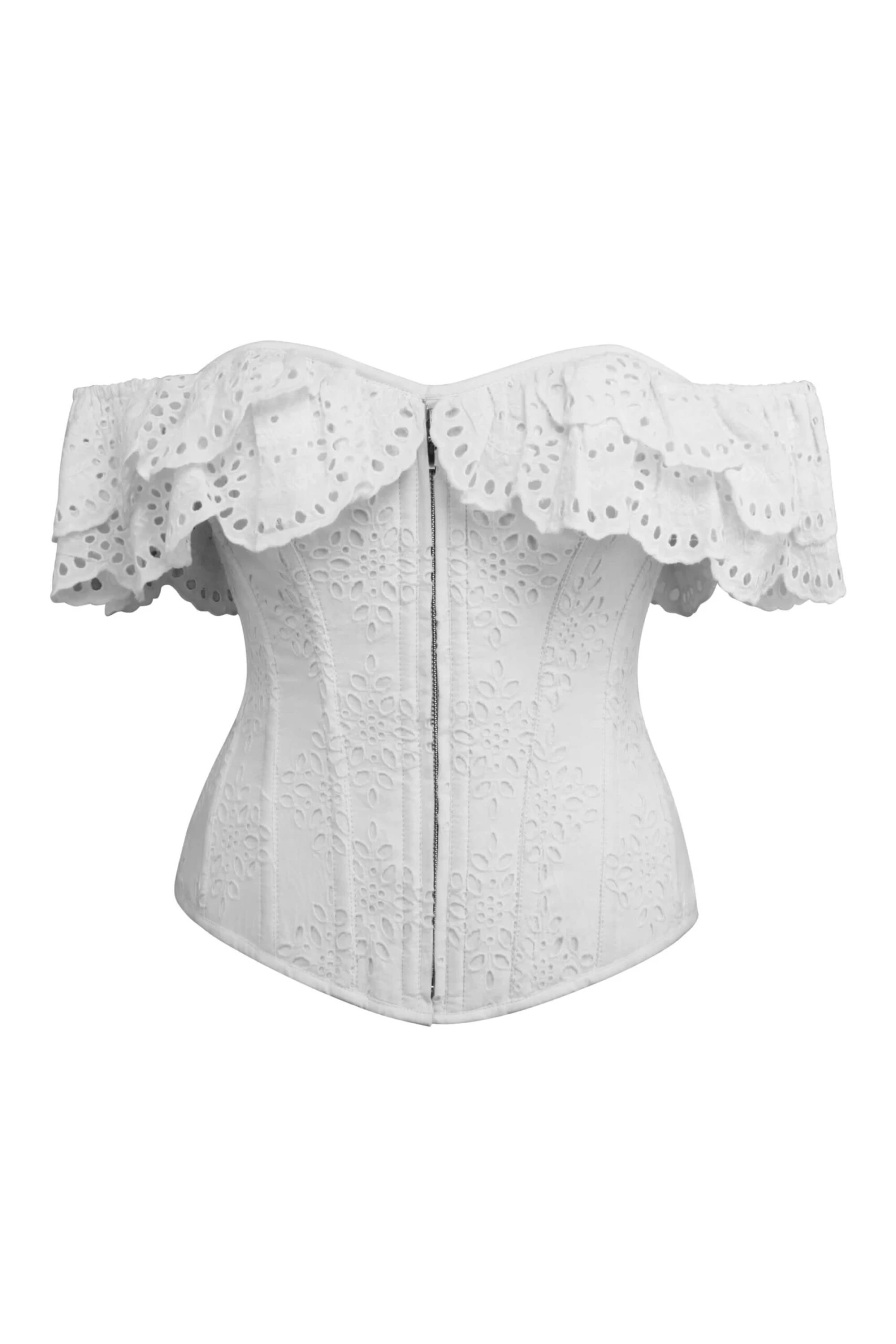 Alyssum White Broderie Anglaise Cotton Corset Top With Double Frill Sleeves 1 Alyssum White Broderie Anglaise Cotton Corset Top With Double Frill Sleeves