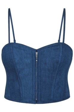 Delia Blue Chambray Cropped Corset With Spaghetti Straps