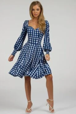 Sunflower Gingham Blue Viscose Corset Dress With Long Sleeves -Corset Story SC 056 website 2