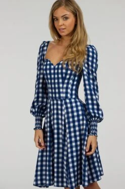 Sunflower Gingham Blue Viscose Corset Dress With Long Sleeves -Corset Story SC 056 website 3