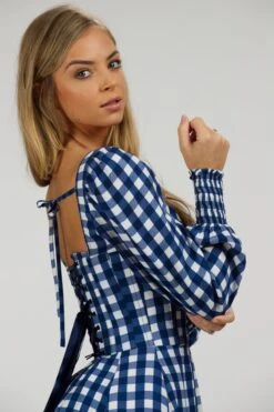 Sunflower Gingham Blue Viscose Corset Dress With Long Sleeves -Corset Story SC 056 website 5