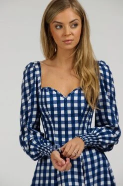 Sunflower Gingham Blue Viscose Corset Dress With Long Sleeves -Corset Story SC 056 website 6