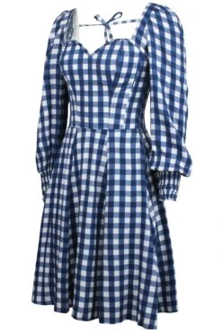 Sunflower Gingham Blue Viscose Corset Dress With Long Sleeves -Corset Story SC 0563