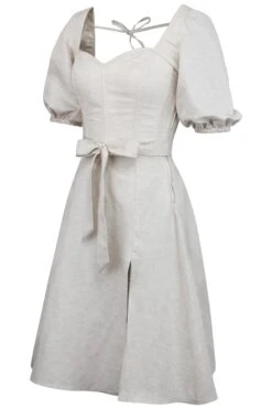 Gladiolus Oatmeal Linen Corset Dress With Puff Sleeves -Corset Story SC 0603