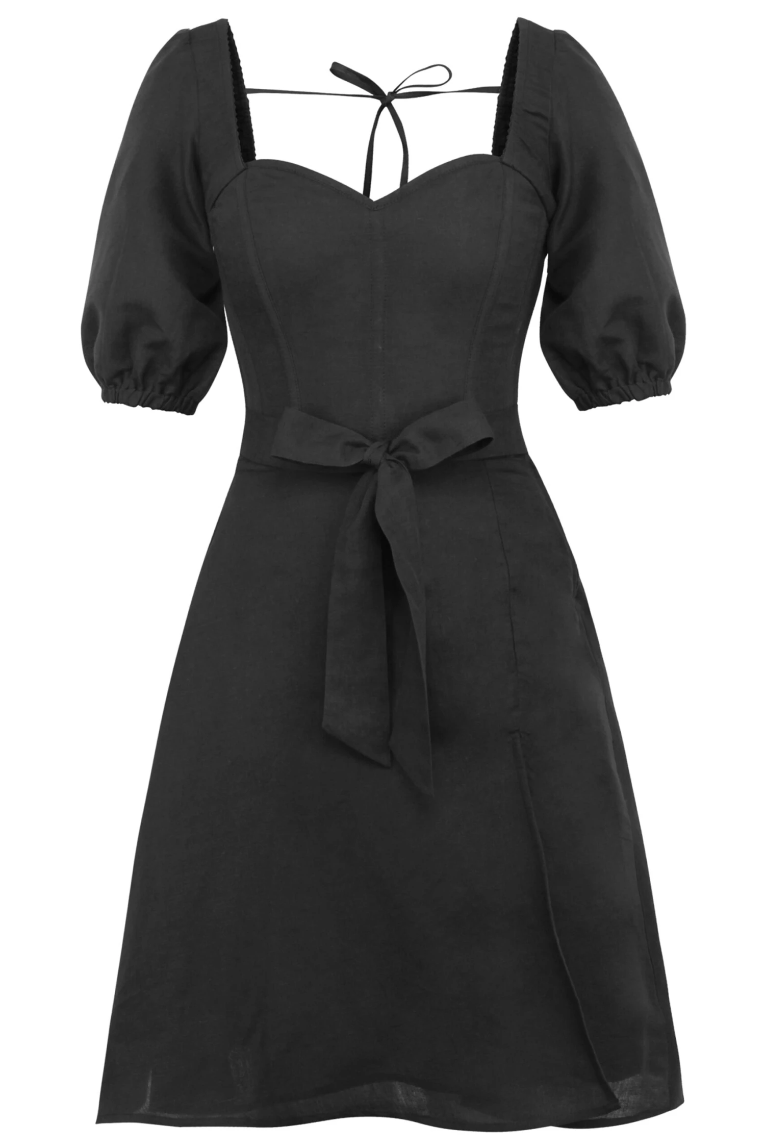 Gladiolus Black Linen Corset Dress With Puff Sleeves 1 Gladiolus Black Linen Corset Dress With Puff Sleeves