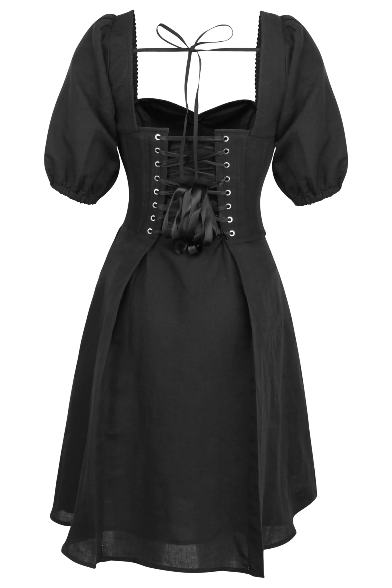 Gladiolus Black Linen Corset Dress With Puff Sleeves 2 Gladiolus Black Linen Corset Dress With Puff Sleeves - Image 2