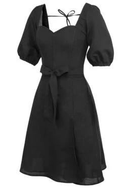 Gladiolus Black Linen Corset Dress With Puff Sleeves 5 Gladiolus Black Linen Corset Dress With Puff Sleeves -Corset Story SC 0613