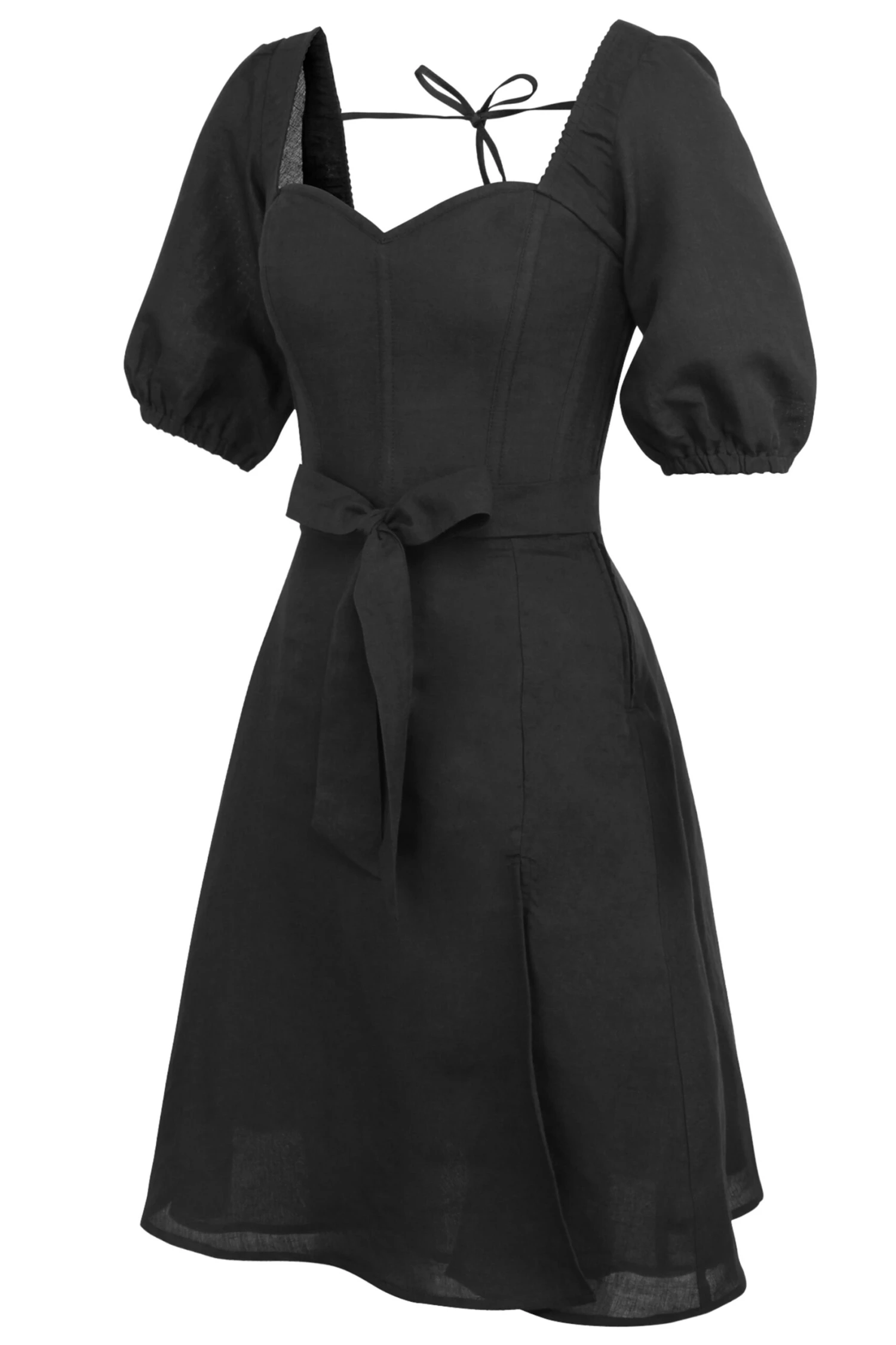 Gladiolus Black Linen Corset Dress With Puff Sleeves 3 Gladiolus Black Linen Corset Dress With Puff Sleeves - Image 3
