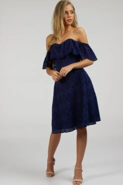Peony Summer Navy Broderie Anglaise Cotton Corset Dress With Off The Shoulder Frill -Corset Story SC 062 website 2