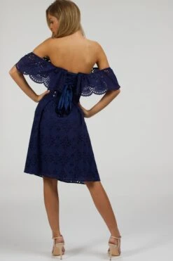 Peony Summer Navy Broderie Anglaise Cotton Corset Dress With Off The Shoulder Frill -Corset Story SC 062 website 4