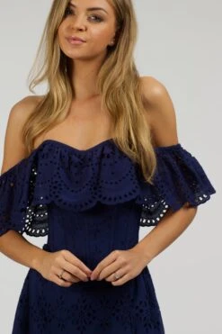 Peony Summer Navy Broderie Anglaise Cotton Corset Dress With Off The Shoulder Frill -Corset Story SC 062 website 8