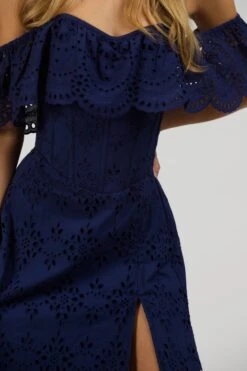 Peony Summer Navy Broderie Anglaise Cotton Corset Dress With Off The Shoulder Frill -Corset Story SC 062 website 9