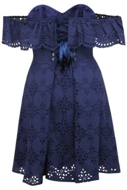Peony Summer Navy Broderie Anglaise Cotton Corset Dress With Off The Shoulder Frill -Corset Story SC 0622