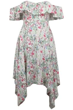 Cassia Meadow Viscose Corset Dress With Bardot Neckline And Handkerchief Hem